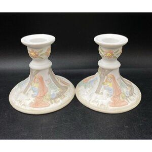 Lefton Nativity Scene Christopher Collection Pastel Taper Candle Holders Vintage